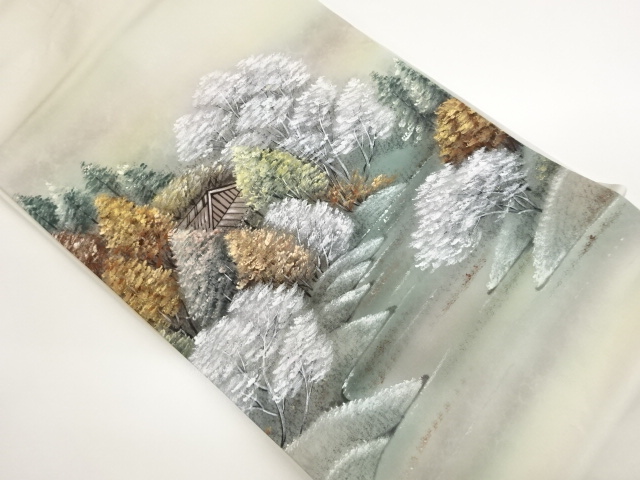 塩瀬手描き家屋に木々模様名古屋帯